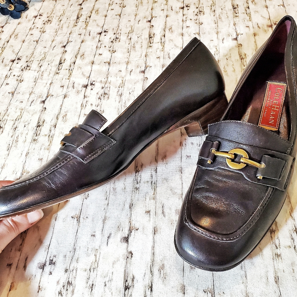 Cole Haan Brown Leather Heeled Loafers 8.5 AA EUC